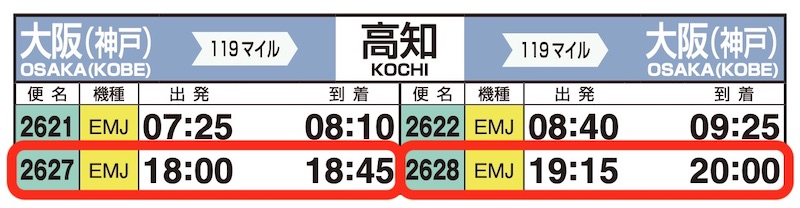 JAL時刻表(神戸-高知)